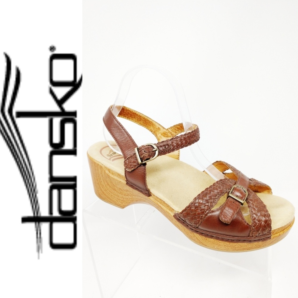 Dansko Brown Leather Woven Strappy Slingback Clog